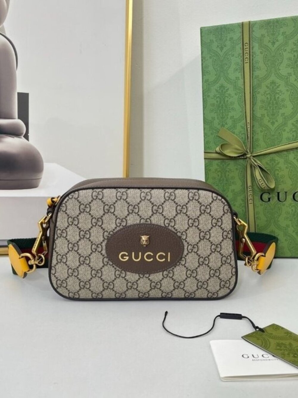 Gucci GG Supreme Canvas Crossbody with Green-Red Web and Yellow Accents